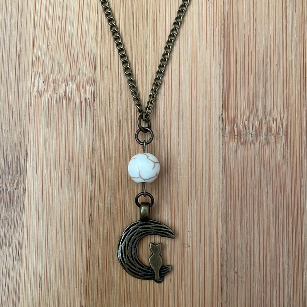 2 for $32 / White howlite gemstone and brass cat sitting with moon necklace